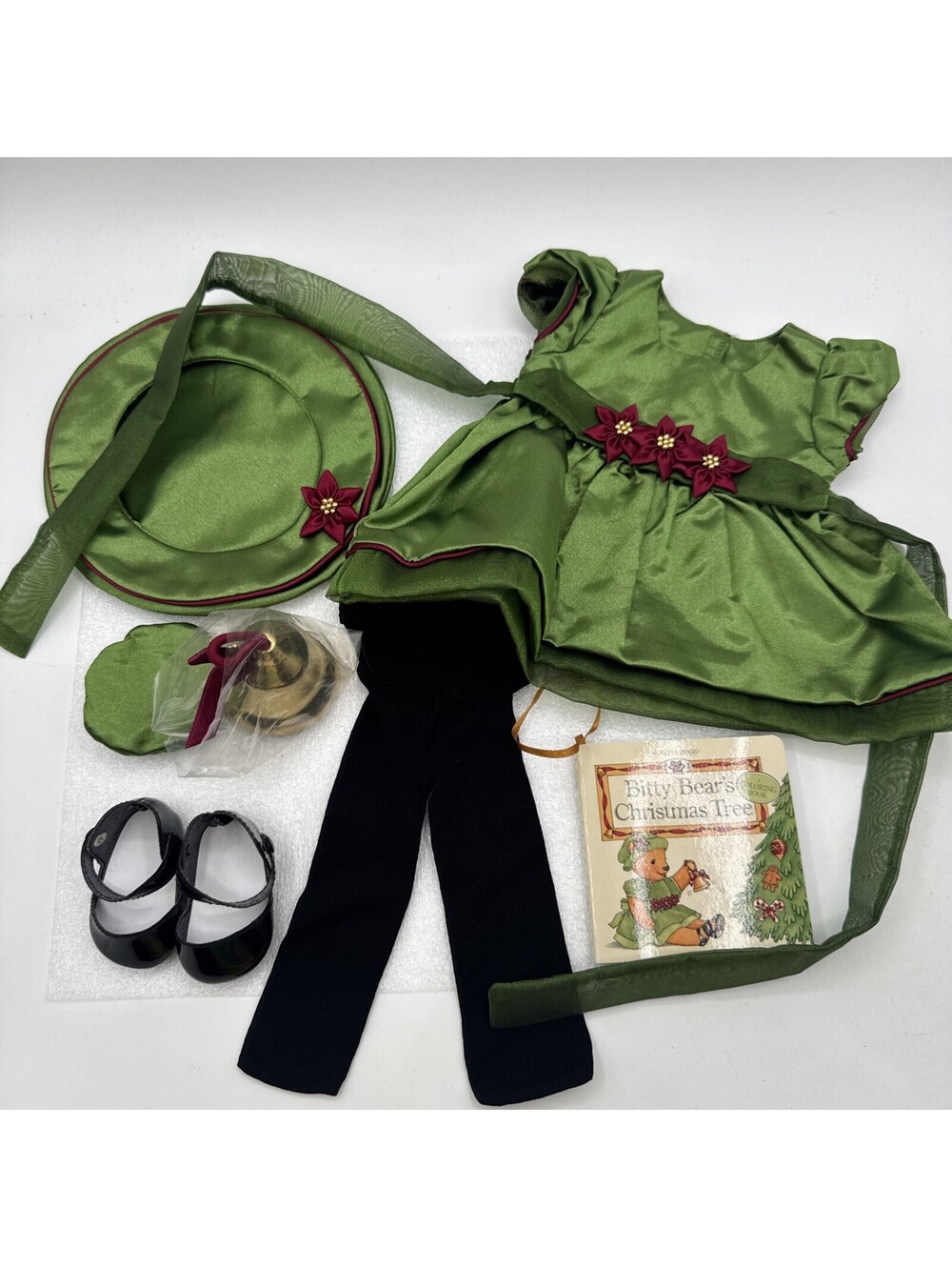 2001 American Girl Bitty Baby Poinsettia Green Dress Book Christmas Set W/Bell